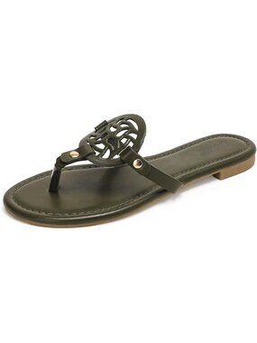 Women's Green Faux Leather Lightweight Summer Dressy Flip Flops Flat Sandals